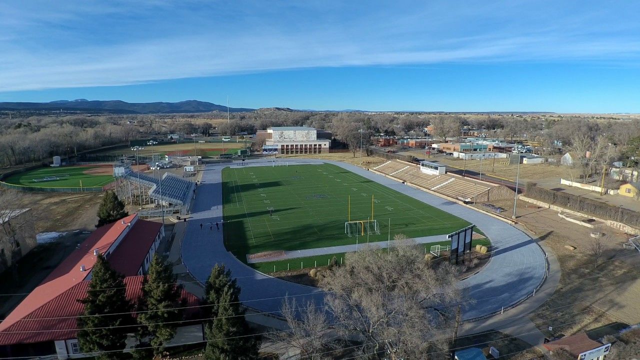 aerial view of the track and stadium at New Mexico Highlands University campus