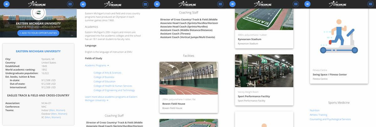 Information on track and field/cross-country universities and colleges on Streamline Athletes explore page