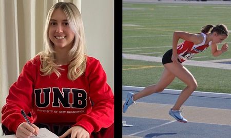 Sprinter Elaina Kischuk signing her letter of intent with University of New Brunswick Reds track and field team