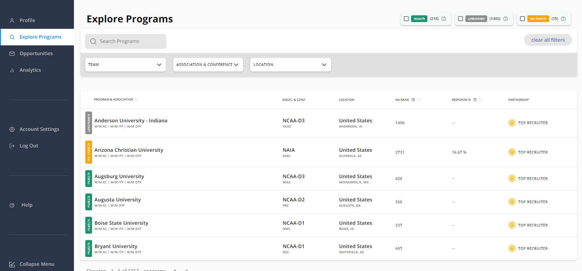 Explore programs dashboard with the new match, not match, and unknown tags