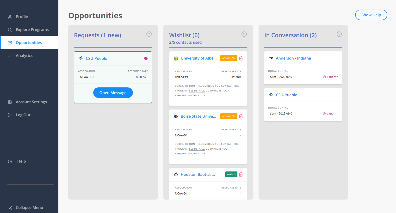 Opportunities dashboard with the new match, not match, and unknown tags