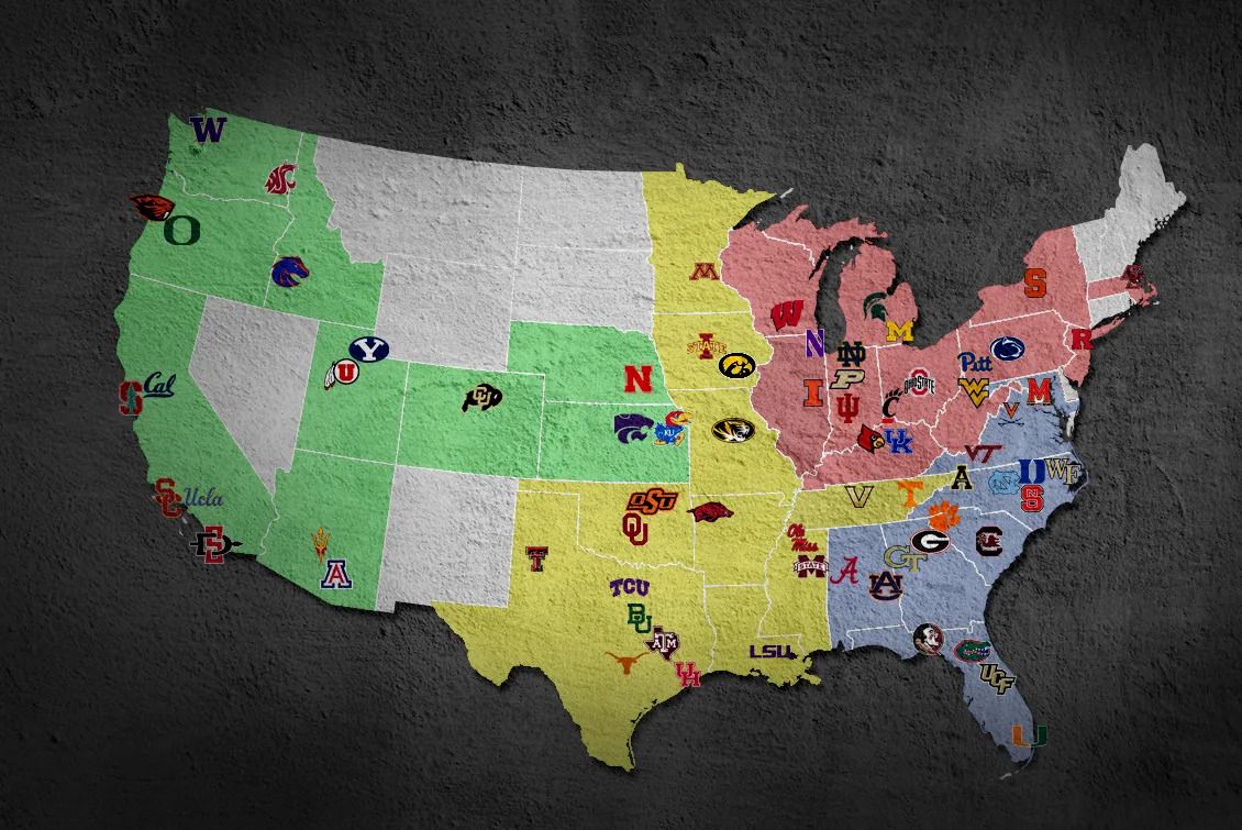 Map of all the NCAA Division 1 Power 4 track and field and cross country schools and the regions the conferences cover