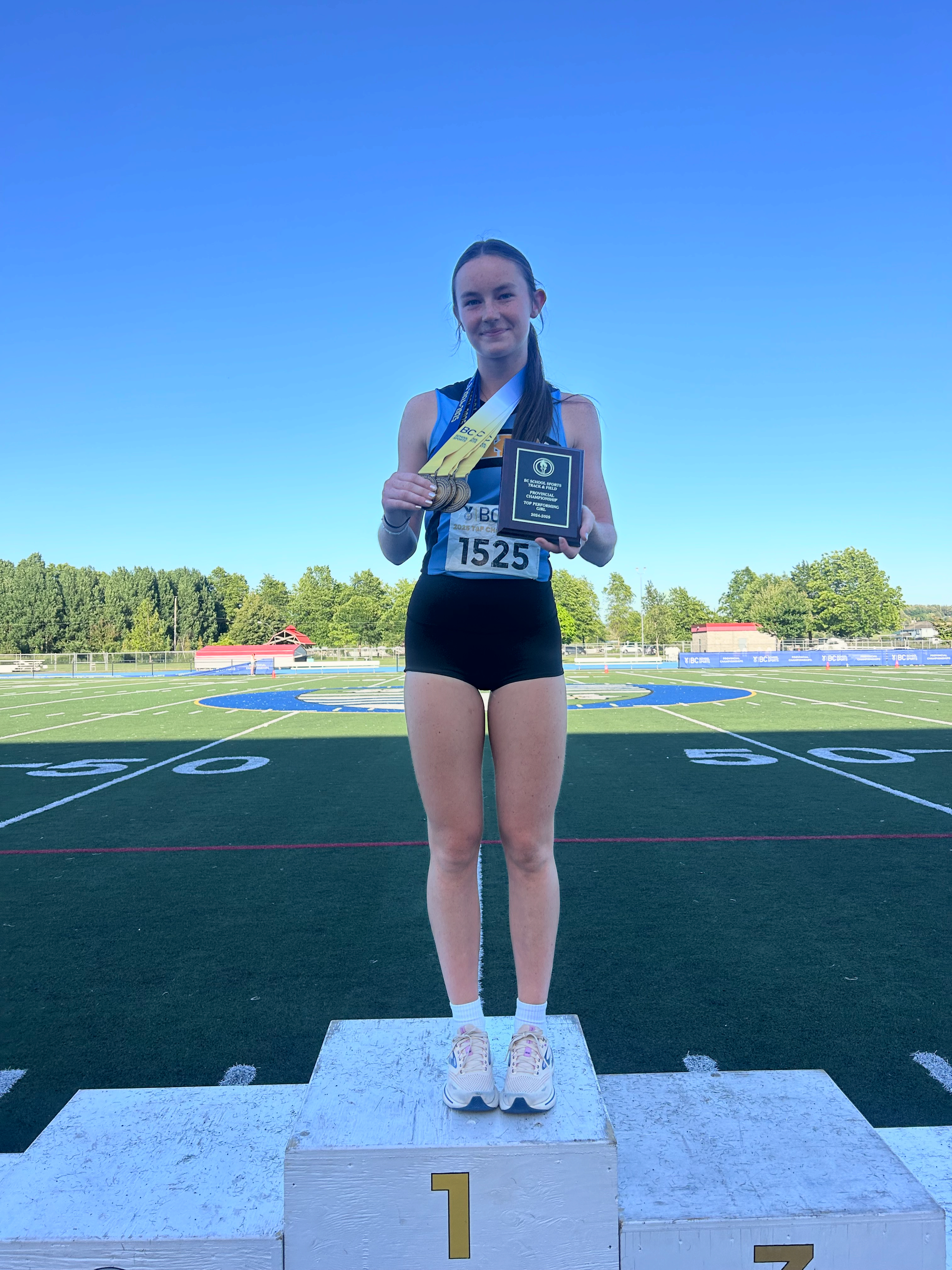 Lily Stroda, Texas A&M commit and Streamline Athletes recruit, with her four BC School Sports gold medals