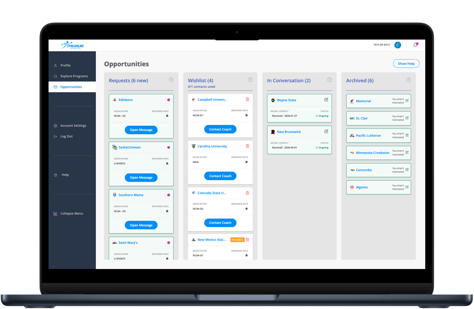 Streamline Athletes Opportunities dashboard showing four columns: Requests with inbound coach contacts, Wishlist of target programs, In Conversation with active dialogues, and Archived programs