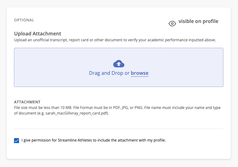The "Upload Attachment" card in the Academic Information section of the Streamline Athletes profile (My Profile > Academic Information > Edit Performance) 