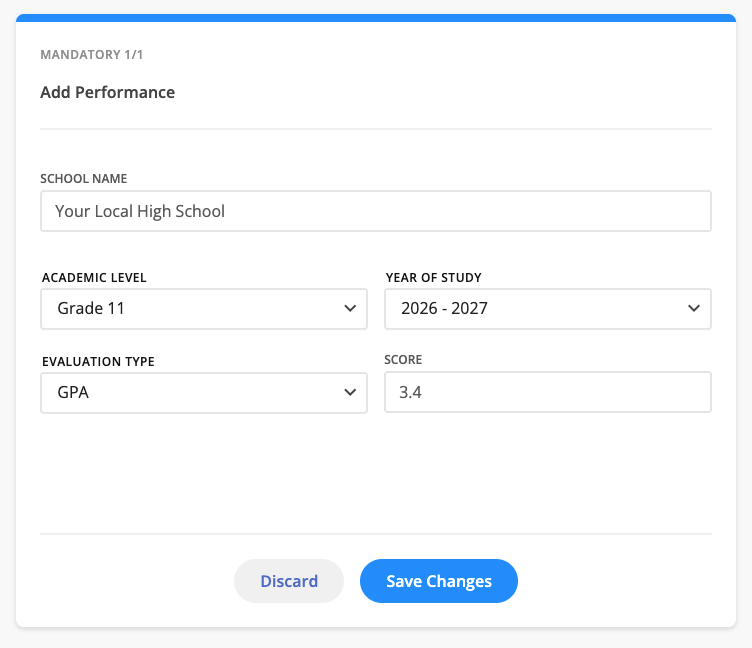 "Add Performance" card in the Academic Information section of the Streamline Athletes profile