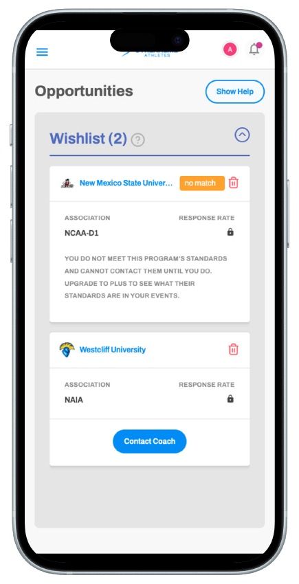 Streamline Athletes Wishlist showing one program with a Contact Coach button and one marked no match
