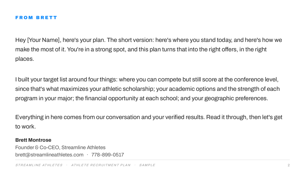 Athlete Recruitment Plan intro letter from Streamline Athletes